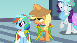 Size: 1280x720 | Tagged: safe, screencap, character:applejack, character:rainbow dash, character:rarity, episode:a canterlot wedding, g4, my little pony: friendship is magic, applejack's hat, clothing, cowboy hat, crying, hat, magic, stetson, telekinesis