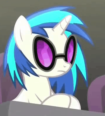 Size: 357x395 | Tagged: safe, screencap, character:dj pon-3, character:vinyl scratch, episode:bloom and gloom, g4, my little pony: friendship is magic, animated, background pony, gendo pose, solo