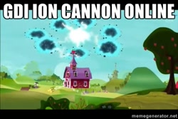 Size: 500x333 | Tagged: safe, screencap, episode:bloom and gloom, g4, my little pony: friendship is magic, command and conquer, global defense initiative, image macro, ion cannon, meme, sweet apple acres