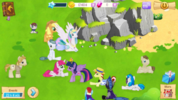 Size: 1280x720 | Tagged: safe, gameloft, screencap, character:applejack, character:cloudy quartz, character:dj pon-3, character:flim, character:jeff letrotski, character:lovestruck, character:mane moon, character:pipsqueak, character:princess celestia, character:rainbow dash, character:twilight sparkle, character:twilight sparkle (alicorn), character:vinyl scratch, species:alicorn, species:pony, clothing, costume, crescent pony, cute, female, mare, ponyville, prone, shadowbolts, shadowbolts costume, sitting