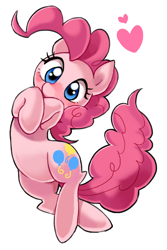 Size: 600x900 | Tagged: safe, artist:kairean, character:pinkie pie, species:earth pony, species:pony, blushing, cute, diapinkes, female, heart, looking at you, mare, on back, simple background, solo, sweet dreams fuel, white background, wide eyes