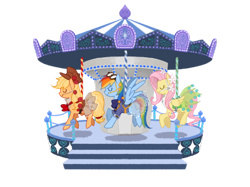 Size: 650x487 | Tagged: safe, artist:kairean, character:applejack, character:fluttershy, character:rainbow dash, carousel, clothing, merry-go-round, saddle