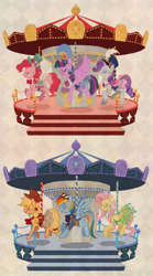 Size: 700x1261 | Tagged: safe, artist:kairean, character:applejack, character:fluttershy, character:pinkie pie, character:rainbow dash, character:rarity, character:twilight sparkle, character:twilight sparkle (alicorn), species:alicorn, species:pony, carousel, clothing, female, mane six, mare, merry-go-round, saddle, tiara