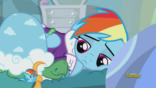 Size: 500x281 | Tagged: safe, screencap, character:rainbow dash, character:tank, episode:tanks for the memories, g4, my little pony: friendship is magic, animated, bathrobe, clothing, cute, dashabetes, dashie slippers, discovery family, discovery family logo, robe