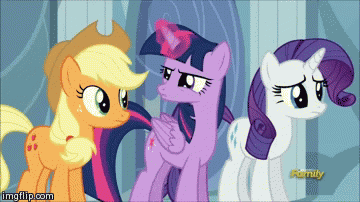 Size: 360x202 | Tagged: safe, edit, screencap, character:applejack, character:rarity, character:twilight sparkle, character:twilight sparkle (alicorn), species:alicorn, species:pony, episode:tanks for the memories, g4, my little pony: friendship is magic, animated, female, image macro, mare, meme, purple text