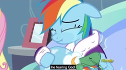 Size: 2560x1430 | Tagged: safe, screencap, character:fluttershy, character:rainbow dash, character:tank, episode:tanks for the memories, g4, my little pony: friendship is magic, bed, bedside stand, god, meme, picture frame, youtube caption
