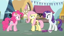 Size: 1344x756 | Tagged: safe, screencap, character:fluttershy, character:pinkie pie, character:rarity, episode:putting your hoof down, g4, my little pony: friendship is magic, hub logo, youtube caption