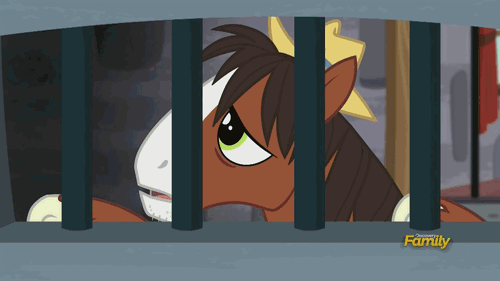 Size: 500x281 | Tagged: safe, screencap, character:sheriff silverstar, character:trouble shoes, episode:appleoosa's most wanted, g4, my little pony: friendship is magic, animated, bed, discovery family, discovery family logo, frown, glare, jail, key, mattress, sad, sitting, talking, unamused, wanted poster