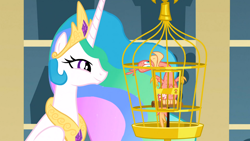 Size: 1366x768 | Tagged: safe, screencap, character:philomena, character:princess celestia, species:alicorn, species:bird, species:phoenix, species:pony, episode:a bird in the hoof, g4, my little pony: friendship is magic, birdcage, cage, duo, ethereal mane, female, mare