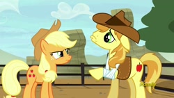 Size: 1280x720 | Tagged: safe, screencap, character:applejack, character:braeburn, episode:appleoosa's most wanted, g4, my little pony: friendship is magic, frown, pouting