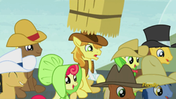 Size: 500x281 | Tagged: safe, screencap, character:apple bumpkin, character:apple fritter, character:blues, character:braeburn, character:caramel, character:cherry cola, character:coco crusoe, character:meadow song, character:noteworthy, species:pony, episode:appleoosa's most wanted, g4, my little pony: friendship is magic, apple family member, clothing, discovery family, discovery family logo, faec, frown, hat, hay bale, hayburn, laughing