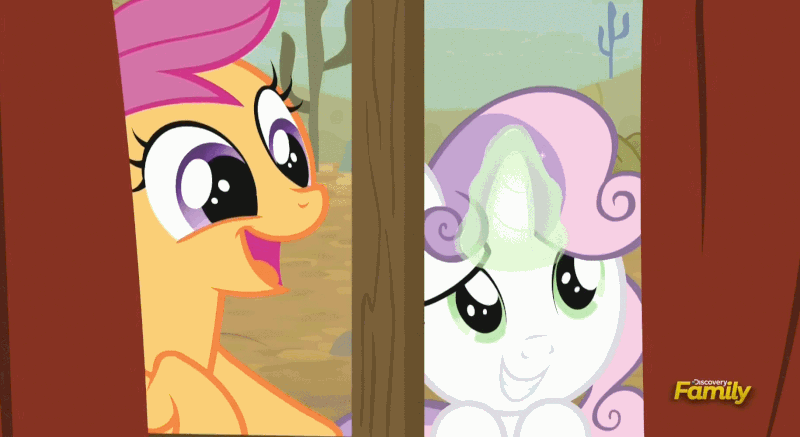 Size: 800x437 | Tagged: safe, screencap, character:scootaloo, character:sweetie belle, species:pegasus, species:pony, episode:appleoosa's most wanted, g4, my little pony: friendship is magic, animated, appleloosa, blep, cute, jailbreak, key, magic, positive, shake, sweetie belle's magic brings a great big smile, tongue out, wanted