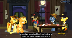 Size: 1600x855 | Tagged: safe, screencap, character:applejack, character:braeburn, character:sheriff silverstar, episode:appleoosa's most wanted, g4, my little pony: friendship is magic, discovery family logo, fetter keys, krakow, meme, playing card, star spur, youtube caption