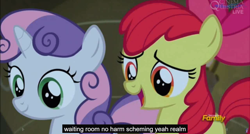 Size: 1600x855 | Tagged: safe, screencap, character:apple bloom, character:sweetie belle, episode:appleoosa's most wanted, g4, my little pony: friendship is magic, meme, youtube caption