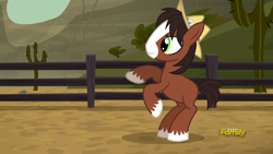 Size: 1920x1080 | Tagged: safe, screencap, character:trouble shoes, species:earth pony, species:pony, episode:appleoosa's most wanted, g4, my little pony: friendship is magic, clothing, colt, cute, fence, happy, hat, little troubleshoes, male, rearing, smiling, troublebetes, younger