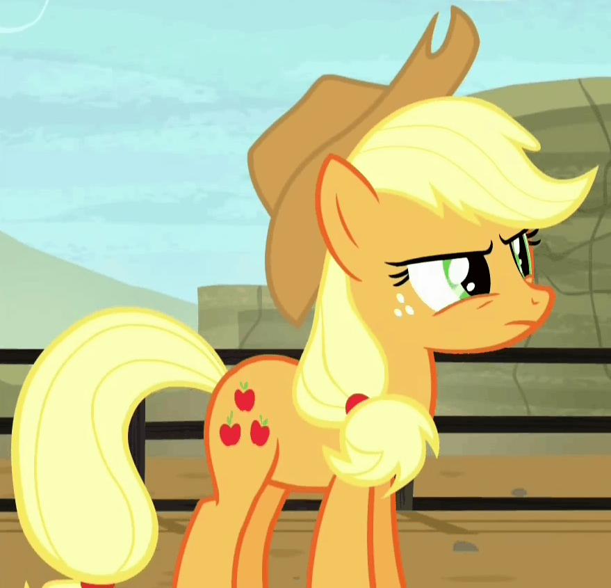 Size: 879x845 | Tagged: safe, screencap, character:applejack, episode:appleoosa's most wanted, g4, my little pony: friendship is magic, animated, applejack judges on the outside, unamused, unconvinced applejack