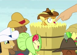 Size: 1505x1071 | Tagged: safe, screencap, character:apple bumpkin, character:apple fritter, character:braeburn, character:cherry cola, character:coco crusoe, character:meadow song, episode:appleoosa's most wanted, g4, my little pony: friendship is magic, 1000 years in photoshop, apple family member, boop, boop edit, finger, hand, hayburn, poking