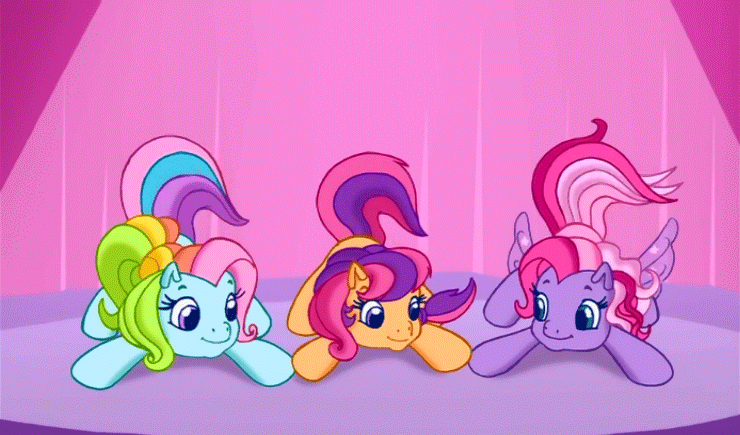 Size: 740x435 | Tagged: safe, screencap, character:rainbow dash (g3), character:scootaloo, character:scootaloo (g3), character:starsong, species:pegasus, species:pony, episode:twinkle wish adventure, episode:waiting for the winter wishes festival, g3.5, animated, cute, tail wag, tail wiggle
