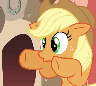 Size: 400x360 | Tagged: safe, screencap, character:applejack, species:earth pony, species:pony, episode:look before you sleep, g4, my little pony: friendship is magic, 2spooky, animated, clothing, cowboy hat, female, gif, golden oaks library, hat, hoofy-kicks, mare, oooooh, solo, spooky, stetson