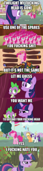 Size: 640x2520 | Tagged: safe, screencap, character:pinkie pie, character:twilight sparkle, episode:magic duel, episode:too many pinkie pies, g4, my little pony: friendship is magic, caption comic, comic, five nights at freddy's, five nights at fuckboy's, image macro, macro comic, meme, parody, photoshop, screencap comic, vulgar