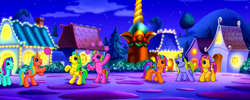 Size: 1206x480 | Tagged: safe, screencap, species:pony, species:unicorn, episode:come back lily lightly, g3, background pony, ball, g3 panorama, night, panorama, playing, unicornia