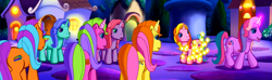 Size: 1603x473 | Tagged: safe, screencap, character:brights brightly, character:cheerilee (g3), character:lily lightly, character:night shine, character:rarity (g3), character:shine-a-belle, episode:come back lily lightly, g3, g3 panorama, glow, glowing horn, night, panorama
