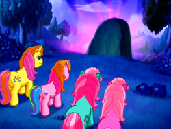 Size: 640x480 | Tagged: safe, screencap, character:brights brightly, character:minty, character:pinkie pie (g3), character:rarity (g3), episode:come back lily lightly, g3, glow, night, rock