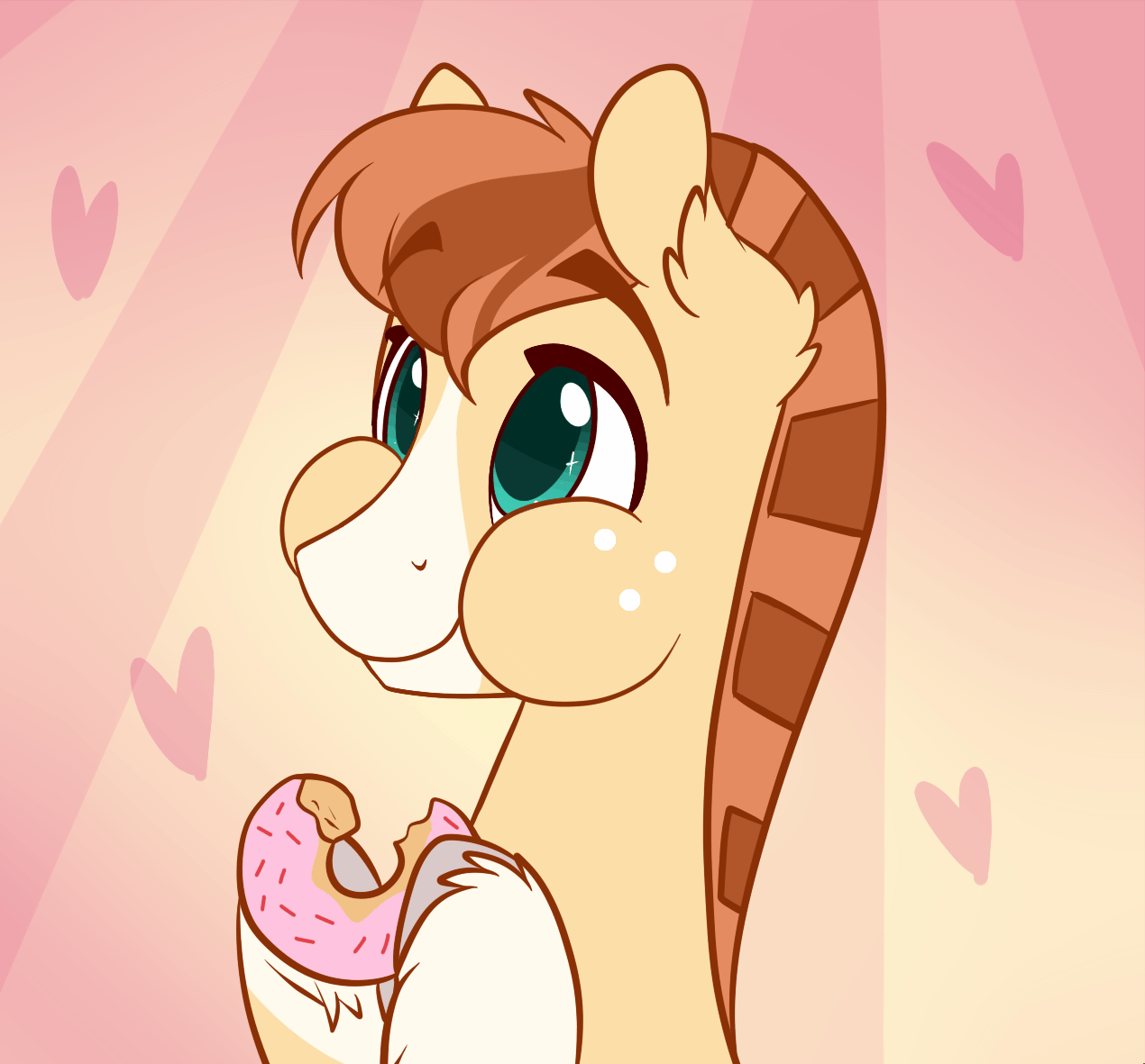 Size: 1270x1181 | Tagged: safe, artist:ask-rayosunshine, artist:lolepopenon, oc, oc only, oc:ray o'sunshine, species:earth pony, species:pony, animated, bust, chewing, cute, dawwww, donut, ear fluff, eating, heart, nom, portrait, smiling, solo, starry eyes, wingding eyes