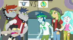 Size: 1024x571 | Tagged: safe, screencap, character:captain planet, character:fido, character:paisley, character:rover, character:sandalwood, equestria girls:rainbow rocks, g4, my little pony:equestria girls, argument, background human, diamond dudes, eco kids, gymnasium, spot, the planeteers