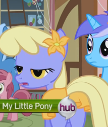 Size: 696x813 | Tagged: safe, screencap, character:diamond mint, character:orange blossom, character:pokey pierce, character:prim posy, character:ruby pinch, episode:call of the cutie, g4, my little pony: friendship is magic, censored, hub logo, hubble, out of context, plot