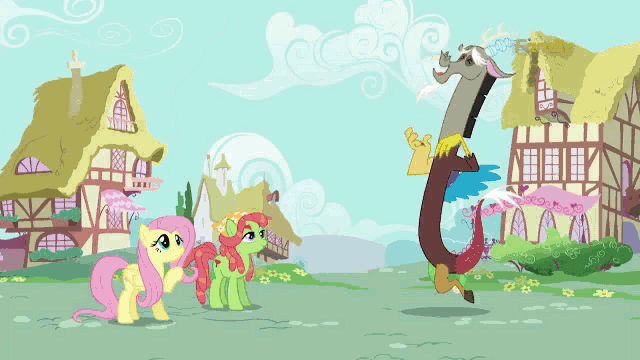 Size: 640x360 | Tagged: safe, screencap, character:discord, character:fluttershy, character:tree hugger, episode:make new friends but keep discord, g4, my little pony: friendship is magic, animated, gif