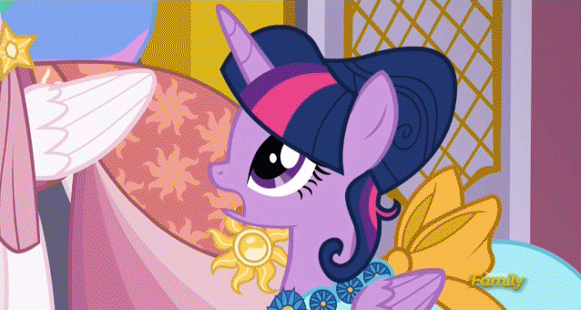 Size: 638x340 | Tagged: safe, screencap, character:princess celestia, character:twilight sparkle, character:twilight sparkle (alicorn), species:alicorn, species:pony, episode:make new friends but keep discord, g4, my little pony: friendship is magic, animated, clothing, cute, cutelestia, dress, female, grin, mare, open mouth, raised hoof, shocked, smiling, talking, trollestia, wide eyes