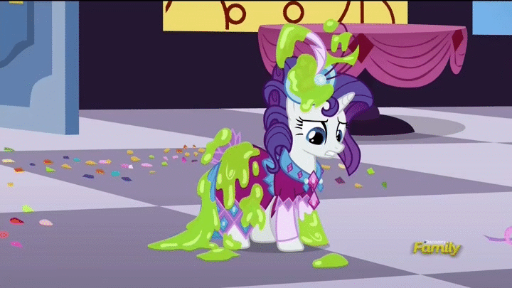 Size: 720x405 | Tagged: safe, screencap, character:discord, character:fine line, character:perfect pace, character:rarity, species:pony, episode:make new friends but keep discord, g4, my little pony: friendship is magic, animated, assisted exposure, bipedal, blushing, clothing, clothing theft, covering, dress, embarrassed, faec, frown, grand galloping gala, gritted teeth, humiliation, magic abuse, naked rarity, ooze, out of context, slime, vacuum cleaner, we don't normally wear clothes, wide eyes