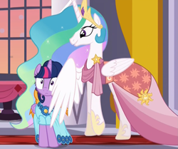 Size: 1207x1011 | Tagged: safe, screencap, character:princess celestia, character:twilight sparkle, character:twilight sparkle (alicorn), species:alicorn, species:pony, episode:make new friends but keep discord, g4, my little pony: friendship is magic, alternate hairstyle, clothing, dress, female, mare, wing hands, wing shove, wingpush