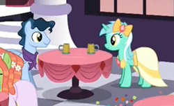 Size: 738x452 | Tagged: safe, screencap, character:lyra heartstrings, character:tree hugger, episode:make new friends but keep discord, g4, my little pony: friendship is magic, clothing, dress, gala, gala dress, hair bow, table