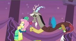Size: 760x417 | Tagged: safe, screencap, character:discord, character:fluttershy, episode:make new friends but keep discord, g4, my little pony: friendship is magic, angry, bottomless, featureless crotch, flower, gala