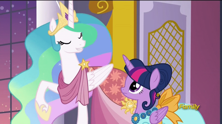 Size: 900x506 | Tagged: safe, screencap, character:princess celestia, character:twilight sparkle, character:twilight sparkle (alicorn), species:alicorn, species:pony, episode:make new friends but keep discord, g4, my little pony: friendship is magic, absurd file size, absurd gif size, animated, clothing, cute, cutelestia, double take, dress, female, gala dress, grin, mare, smiling, surprised, talking, trollestia, wide eyes