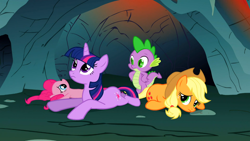 Size: 1366x768 | Tagged: safe, screencap, character:applejack, character:pinkie pie, character:spike, character:twilight sparkle, episode:a dog and pony show, g4, my little pony: friendship is magic