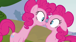 Size: 1280x720 | Tagged: safe, screencap, character:pinkie pie, episode:too many pinkie pies, g4, my little pony: friendship is magic, clone, duality, pinkie clone, scrunchy face, self ponidox