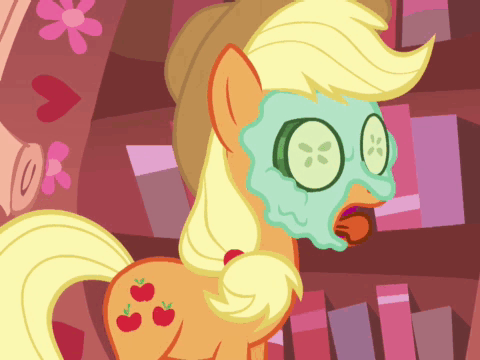 Size: 480x360 | Tagged: safe, screencap, character:applejack, episode:look before you sleep, g4, my little pony: friendship is magic, animated, cropped, cucumber, eating, gulp, licking, mud mask, solo, swallowing, tongue out