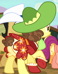 Size: 706x905 | Tagged: safe, screencap, character:applejack, character:cherry cola, character:may fair, species:earth pony, species:pony, episode:appleoosa's most wanted, g4, my little pony: friendship is magic, appleloosa resident, background pony, bloomers, bonnie rose, clothing, cowboy hat, cropped, female, hat, mare, pantaloons, raised hoof, short tail, skirt, solo focus, underwear, upskirt, yellow underwear