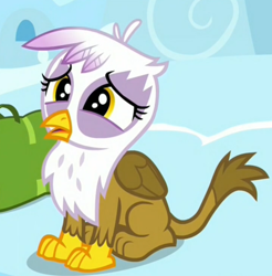 Size: 722x734 | Tagged: safe, screencap, character:gilda, species:griffon, episode:the lost treasure of griffonstone, g4, my little pony: friendship is magic, bag, chickub, cropped, cub, cute, female, frown, gildadorable, hnnng, li'l gilda, open mouth, sitting, solo, woobie, younger