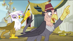 Size: 1920x1080 | Tagged: safe, screencap, character:gilda, character:grampa gruff, species:griffon, episode:the lost treasure of griffonstone, g4, my little pony: friendship is magic, blind eye, clothing, discovery family logo, eye scar, fez, frown, hat, imitation, looking at you, mocking, open mouth, pointing, raised claw, scar, smiling, unamused
