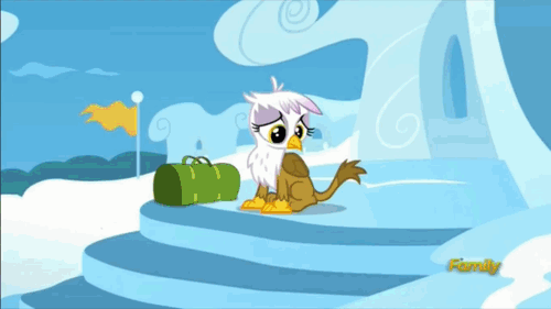 Size: 500x281 | Tagged: safe, screencap, character:gilda, character:rainbow dash, species:griffon, episode:the lost treasure of griffonstone, g4, my little pony: friendship is magic, animated, chickub, discovery family, discovery family logo, duffle bag, filly rainbow dash, young, younger