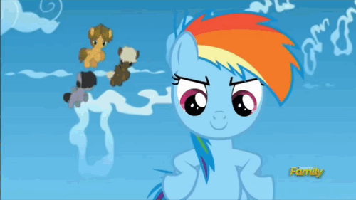 Size: 500x281 | Tagged: safe, screencap, character:dumbbell, character:gilda, character:hoops, character:quarterback, character:rainbow dash, species:griffon, species:pegasus, species:pony, episode:the lost treasure of griffonstone, g4, my little pony: friendship is magic, animated, boy bullies, chickub, colt, discovery family, discovery family logo, duffle bag, filly, filly rainbow dash, flying, hair over eyes, male, score, younger