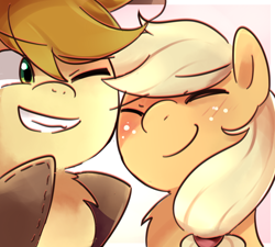 Size: 1000x900 | Tagged: safe, artist:sion-ara, character:applejack, character:braeburn, braebetes, bust, chest fluff, cousins, cute, duo, eyes closed, grin, jackabetes, one eye closed, portrait, smiling