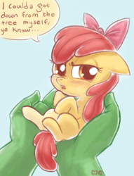 Size: 600x786 | Tagged: safe, artist:mcponyponypony, character:apple bloom, oc, oc:anon, species:earth pony, species:human, species:pony, adorabloom, blatant lies, blushing, cute, dialogue, floppy ears, frown, glare, hand, holding a pony, micro, nose wrinkle, open mouth, puffy cheeks, solo focus, speech bubble, tsundere