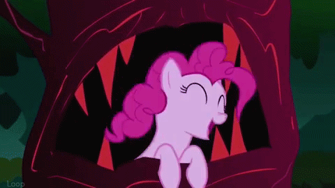 Size: 480x270 | Tagged: safe, screencap, character:pinkie pie, species:earth pony, species:pony, episode:friendship is magic, g4, my little pony: friendship is magic, animated, gif, laughing, laughter song, mouth, solo, teeth, tree