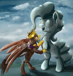 Size: 1165x1200 | Tagged: safe, artist:scootiebloom, character:pinkie pie, species:griffon, episode:the lost treasure of griffonstone, g4, my little pony: friendship is magic, alternate universe, female, groverpie, king grover, male, pinkiestatue, role reversal, shipping, solo, statue, straight
