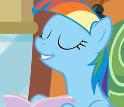 Size: 1172x1012 | Tagged: safe, screencap, character:rainbow dash, episode:the lost treasure of griffonstone, g4, my little pony: friendship is magic, alternate hairstyle, book, eyes closed, mane swap, manebow sparkle, smiling, solo